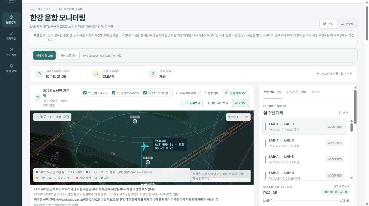 한강 지도 위 단일 PX4 기체의 약 999ft 모형 고도와 비행계획을 보여주는 실제 운항 감시 화면